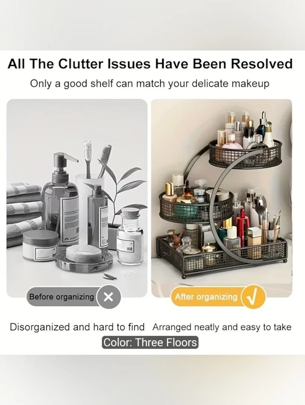 Three-Tier Black Metal Cosmetic Organizer - Home Storage